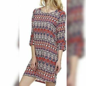 Red Blue Abstract Print 3/4 Sleeve Sheath Dress